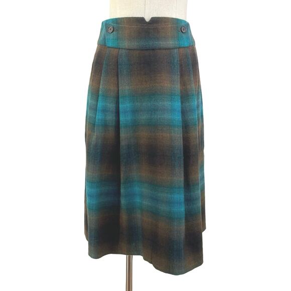 Chadwick’s Collection Plaid Wool Skirt Brown Teal Pleated Twee - Picture 1 of 8